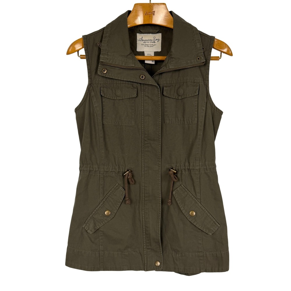 American Rag Utility Vest Drawstring Waist Medium Olive Green Cotton